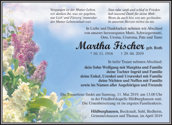 Traueranzeige von Martha Fischer von Südthüringer Presse