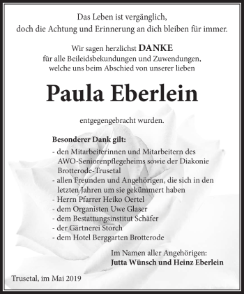 Traueranzeige von Paula Eberlein von Südthüringer Presse