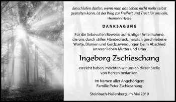 Traueranzeige von Ingeborg Zschieschang von Südthüringer Presse