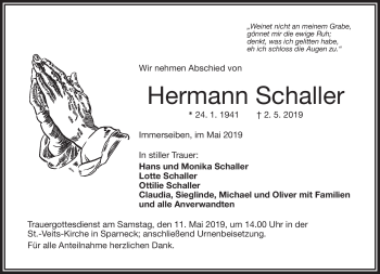 Traueranzeige von Hermann Schaller von Frankenpost