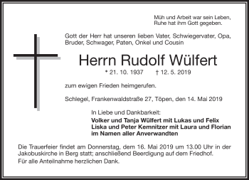 Traueranzeige von Rudolf Wülfert von Frankenpost