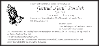 Traueranzeige von Gertrud Stoschek von Frankenpost
