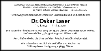 Traueranzeige von Oskar Laser von Südthüringer Presse