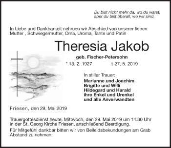 Traueranzeige von Theresia Jakob von Neue Presse Coburg