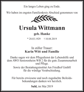 Traueranzeige von Ursula Wittmann von Südthüringer Presse