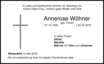 Traueranzeige von Annerose Wöhner von Neue Presse Coburg