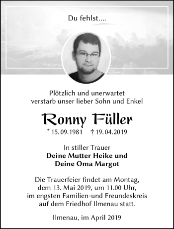 Traueranzeige von Ronny Füller von Südthüringer Presse