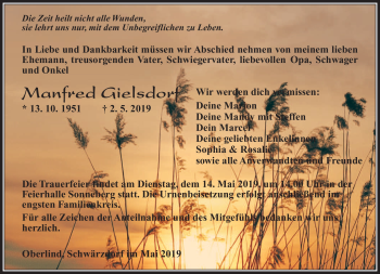 Traueranzeige von Manfred Gielsdorf von Südthüringer Presse