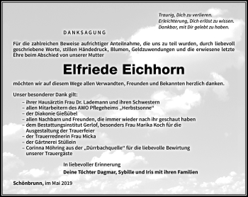 Traueranzeige von Elfriede Eichhorn von Südthüringer Presse
