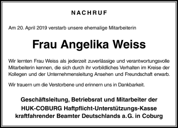 Traueranzeige von Angelika Weiss von Neue Presse Coburg