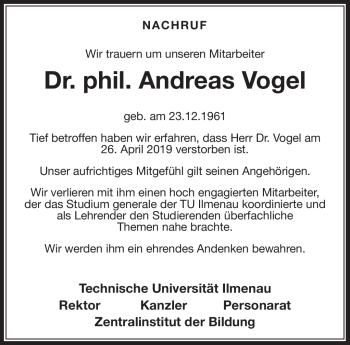 Traueranzeige von Andreas Vogel von Südthüringer Presse