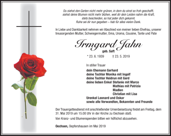 Traueranzeige von Irmgard Jahn von Südthüringer Presse