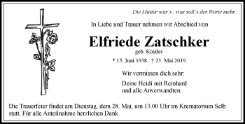 Traueranzeige von Elfriede Zatschker von Frankenpost
