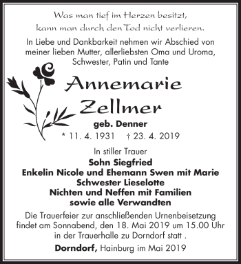 Traueranzeige von Annemarie Zellmer von Südthüringer Presse