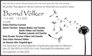 Traueranzeige von Bernd Völker von Südthüringer Presse