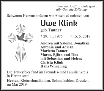 Traueranzeige von Uwe Kling von Südthüringer Presse
