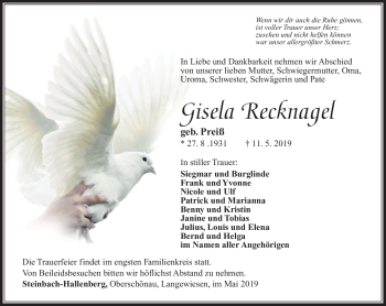 Traueranzeige von Gisela Recknagel von Südthüringer Presse
