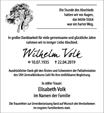 Traueranzeige von Volk Wilhelm von Südthüringer Presse