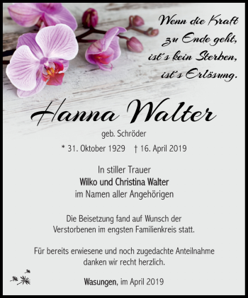 Traueranzeige von Hanna Walter von Südthüringer Presse