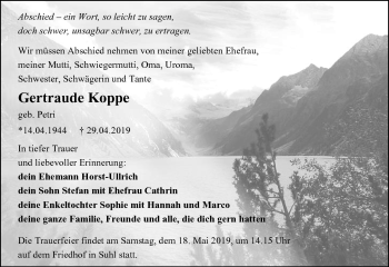 Traueranzeige von Gertraude Koppe von Südthüringer Presse