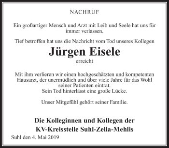 Traueranzeige von Jürgen Eisele von Südthüringer Presse