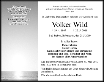 Traueranzeige von Volker Wild von Frankenpost