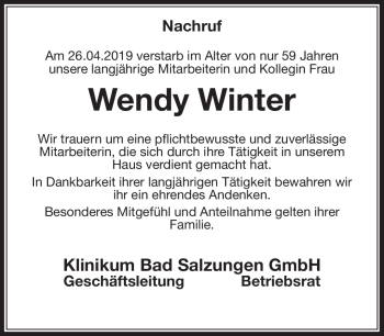 Traueranzeige von Wendy Winter von Südthüringer Presse