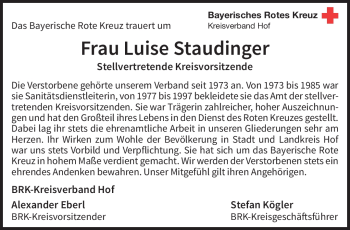 Traueranzeige von Luise Staudinger von Frankenpost