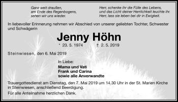 Traueranzeige von Jenny Höhn von Neue Presse Coburg