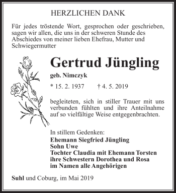 Traueranzeige von Gertrud Jüngling von Südthüringer Presse