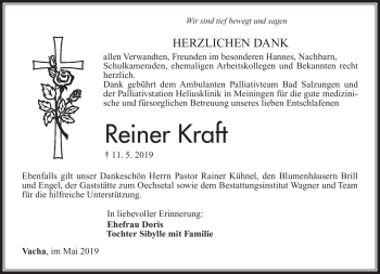 Traueranzeige von Reiner Kraft von Südthüringer Presse