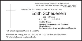 Traueranzeige von Edith Scheuerlein von Frankenpost