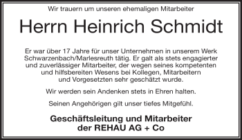 Traueranzeige von Heinrich Schmidt von Frankenpost