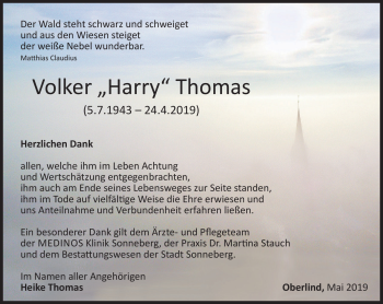 Traueranzeige von Volker Thomas von Südthüringer Presse