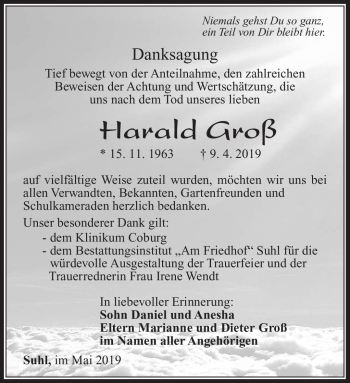 Traueranzeige von Harald Groß von Südthüringer Presse