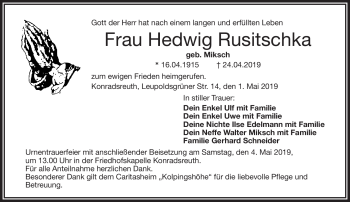 Traueranzeige von Hedwig Rusitschka von Frankenpost