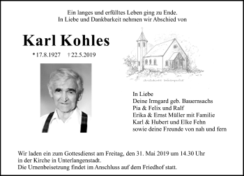 Traueranzeige von Karl Kohles von Neue Presse Coburg