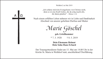 Traueranzeige von Marie Göschel von Frankenpost