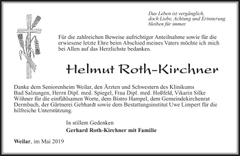 Traueranzeige von Helmut Roth-Kirchner von Südthüringer Presse