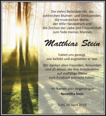 Traueranzeige von Matthias Stein von Südthüringer Presse
