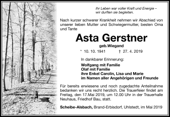 Traueranzeige von Asta Gerstner von Südthüringer Presse