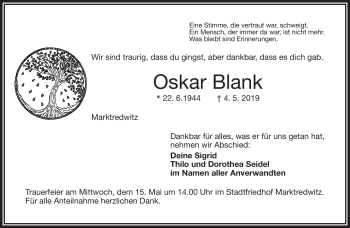 Traueranzeige von Oskar Blank von Frankenpost