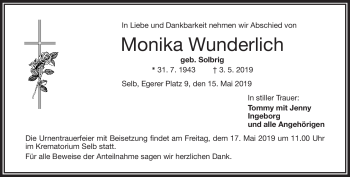 Traueranzeige von Monika Wunderlich von Frankenpost