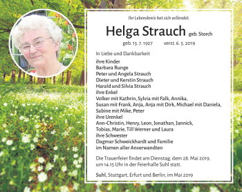 Traueranzeige von Helga Strauch von Südthüringer Presse