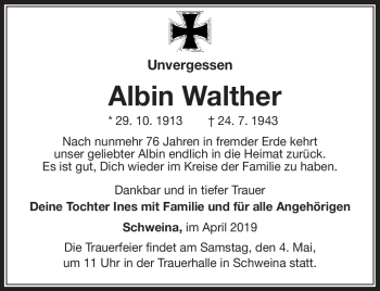 Traueranzeige von Albin Walther von Südthüringer Presse