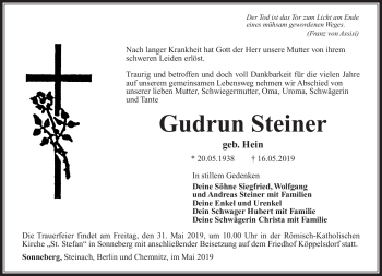 Traueranzeige von Gudrun Steiner von Südthüringer Presse
