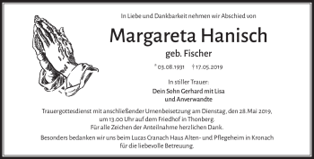 Traueranzeige von Margareta Hanisch von Neue Presse Coburg