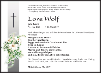 Traueranzeige von Lore Wolf von Südthüringer Presse