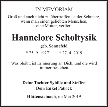 Traueranzeige von Hannelore Scholtysik von Südthüringer Presse