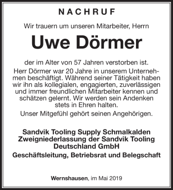 Traueranzeige von Uwe Dörmer von Südthüringer Presse